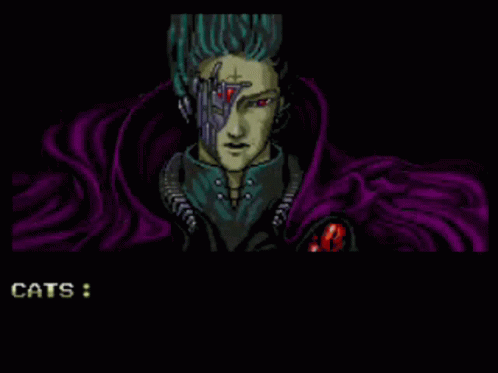 A GIF of the 'Cats' character from the eighties video game Zero Wing, saying 'All your base are belong to us'.