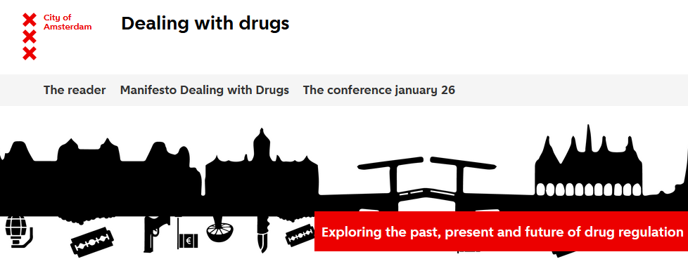 A screenshot of the Dealing with Drugs conference website , showing that name, the 'logo' (with a cityscape, with 'under the ground', almost as a reflection, guns, money, and drugs). 