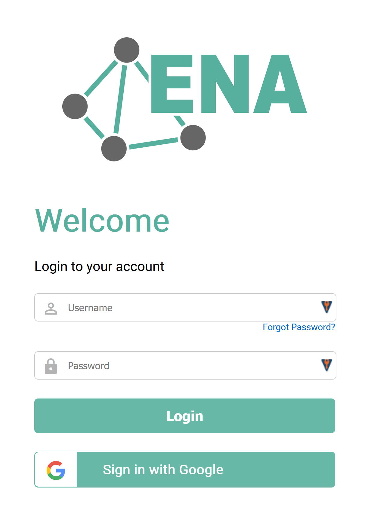 A screenshot of the ENA web app, showing the logo and the login form.