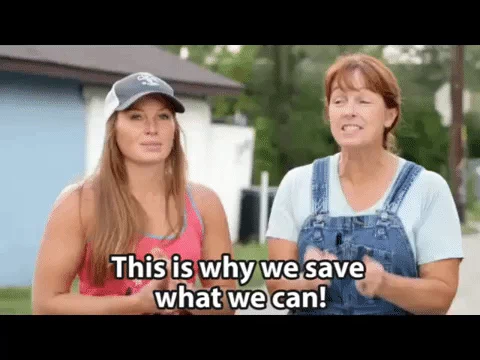 A GIF from US reality TV show Good Boned showing Karen Laine telling Mina Starsiak Hawk, 'this is why we save what we can!'.